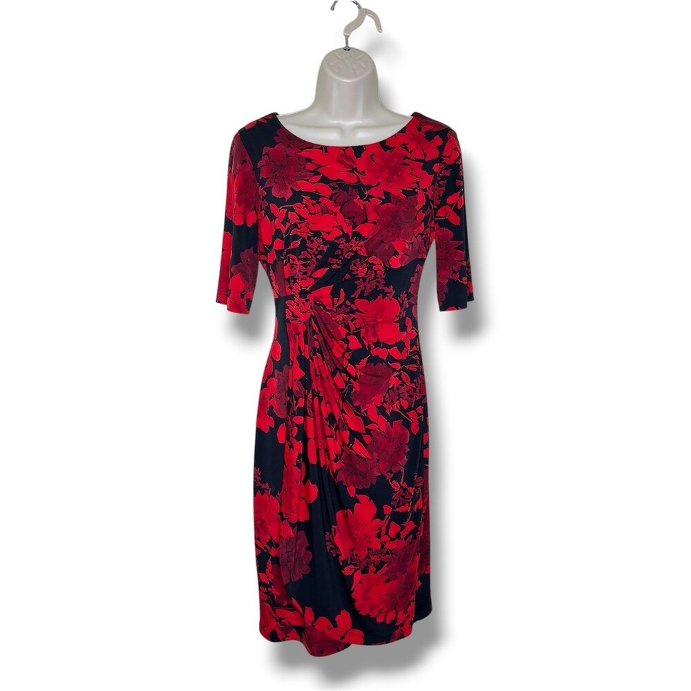 Dressbarn Red Black Floral Sheath Dress Ruched Waist Stretch Elbow Sleeve Size 4